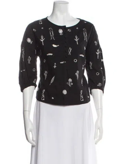 Pre-owned Minä Perhonen Linen Graphic Print Top In Gray