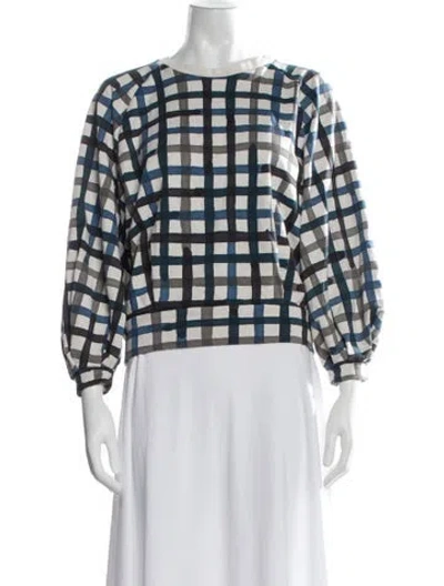 Pre-owned Minä Perhonen Plaid Print Crew Neck Top In Blue
