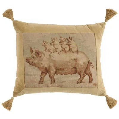 Mina Victory Vintage Pillow Piggy Back Ride 20" X 24" Beige Indoor Throw Pillow