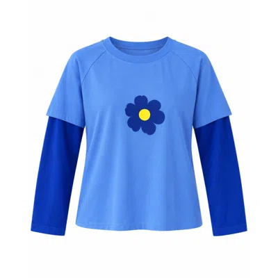 Mind Traveler Women's Blue Double Sleeve Cropped Aria T-shirt With Flower Detail