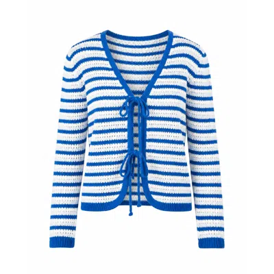 Mind Traveler Women's Blue Striped Open-knit Tie-front Cardigan