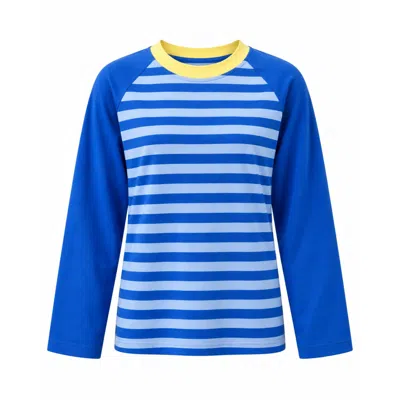 Mind Traveler Women's Blue Striped Raglan Long Sleeve Carla Top With Yellow Contrast Neck