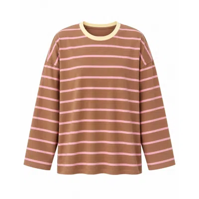 Mind Traveler Women's Brown & Pink Striped Miriam Top With Contrast Neckline