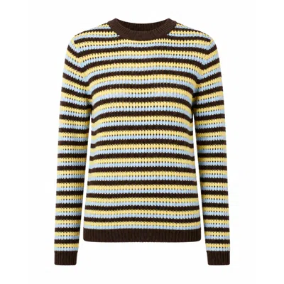 Mind Traveler Women's Brown, Blue & Yellow Open-knit Striped Jumper