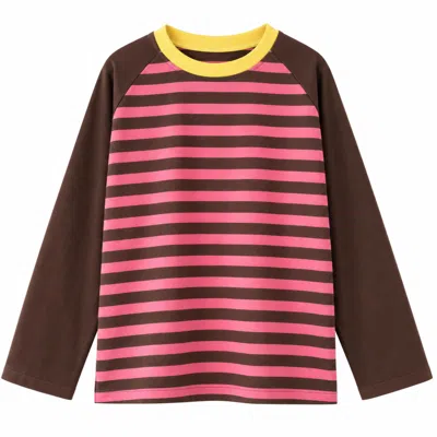 Mind Traveler Women's Brown Pink Striped Long Sleeve Carla Top With Yellow Contrast Neck In Multi