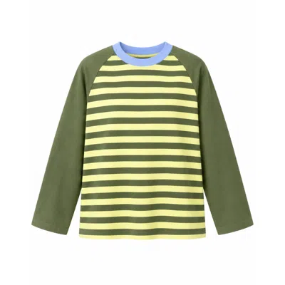 Mind Traveler Women's Green Yellow & Olive Striped Raglan Long Sleeve Carla Top With Blue Contrast Neck
