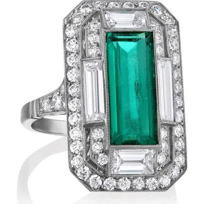 Mindi Mond Art Deco Engraved Colombian Emerald & Diamond Ring