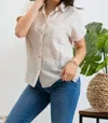 Mine And E & M Emerson Striped Short Sleeve Button Up Top In Khaki