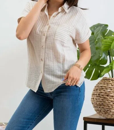 Mine And E & M Emerson Striped Short Sleeve Button Up Top In Khaki