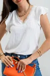 Mine And E & M Women's V Neck Lace Trim Back Tie Blouse In White In White