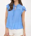 Mine Embroidery Ruffle Front Tie Top In Blue In Blue