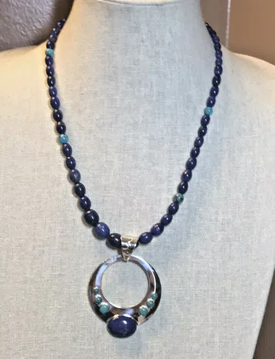 Pre-owned Mine Finds By Jay King Jay King Lapis And Andean Blue Turquoise Circle Pendant With Necklace