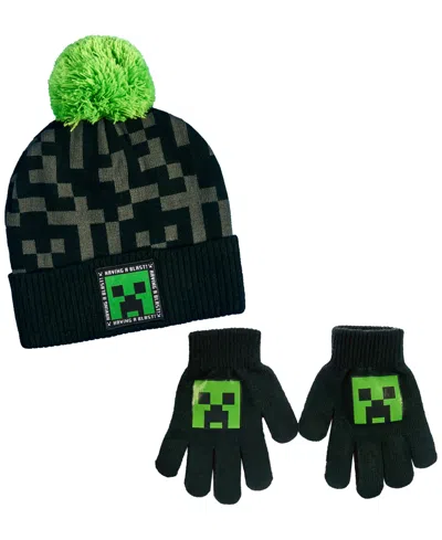 Minecraft Kids' Big Boys 2-piece Pom Pom Hat And Gloves Set In Black