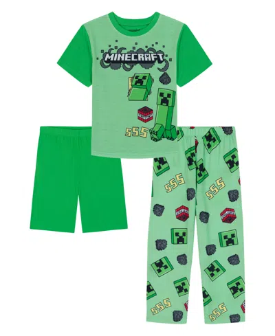 Minecraft Kids' Boys' 6-12 Graphic Short-sleeve Top, Short And Pants, 3-piece Pajama Set In Green