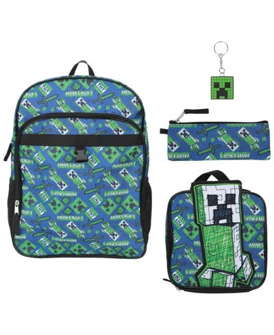 Minecraft Kids' Boys' And Girls' All Over Print Backpack, Lunch Kit, Keychain And Pencil Case, 4-piece Set In Blue