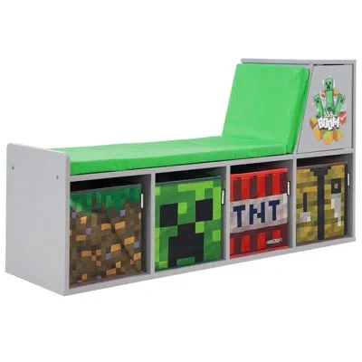 Minecraft : Storage Bench - Wooden Storage W/ Cushioned Reading Shelf, 4 Themed Storage Cubes, Seating & Organ In Green