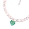 Mineralgems ✩ Studio Women's Pearl Necklace With Green Heart Murano Glass Pendant