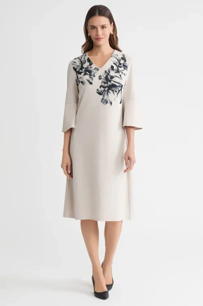 Ming Wang A-line Floral Printed Stretch Deco Crepe Dress In Multi