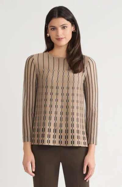 Ming Wang A-line Linear Patterned Soft Knit Top In Brown