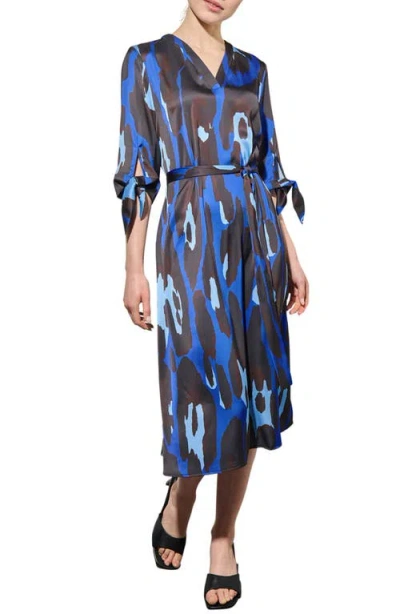 Ming Wang Abstract Animal Crêpe De Chine Midi Shirtdress In Gentian Blue/dark Umber/sky