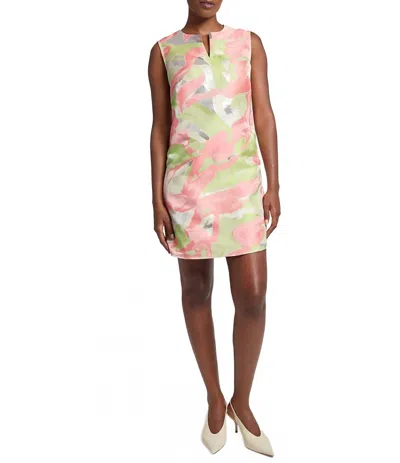 Ming Wang Abstract Jacquard Split V-neck Sleeveless Shift Dress In Lime, Tangerine, Silver Print In Multi