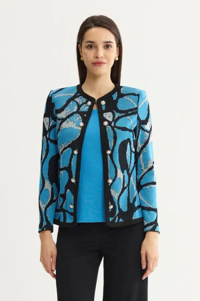 Ming Wang Abstract Jacquard Suede Trim Knit Jacket In Tranquil Blue