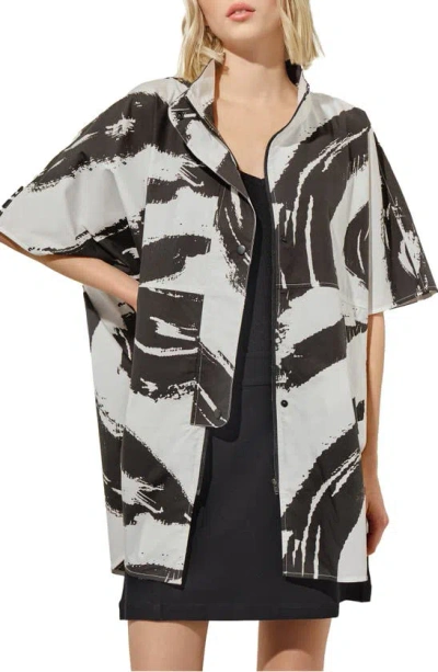 Ming Wang Abstract Print Elbow Sleeve Cotton Jacket In White/black
