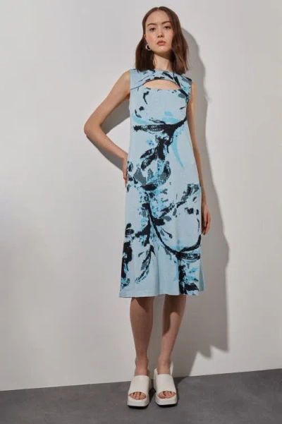 Ming Wang Cutout Abstract Jacquard Knit A-line Dress In Blue