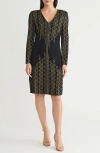 Ming Wang Art Deco Metallic Long Sleeve Sheath Dress In Multi