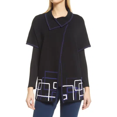 Ming Wang Asymmetric Neck Short Sleeve Geo Print Knit Jacket In Black