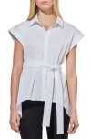 MING WANG BELTED HIGH-LOW BUTTON-UP SHIRT