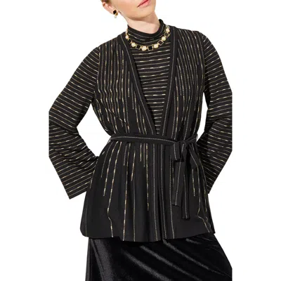Ming Wang Belted Shimmer Stripe Jacket In Black