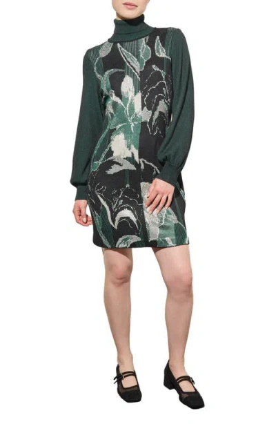 Ming Wang Botanical Long Sleeve Jacquard Knit Sweater Dress In Black/forest
