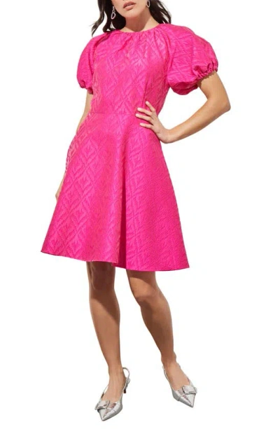 Ming Wang Bouffont Puff Sleeve Jacquard Dress In Carmine Rose