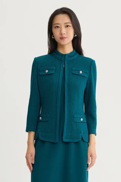 Ming Wang Braided Trim Pointelle Knit Jacket In Deep Teal