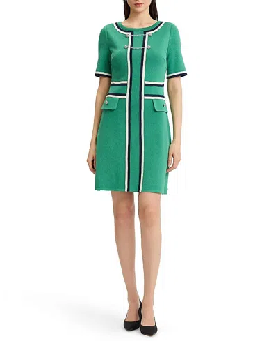 Ming Wang Button Detail Contrast Trim Soft Knit Dress In Green