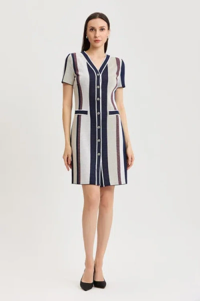 Ming Wang Button-front Striped Soft Knit Dress In Multi