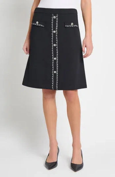 Ming Wang Chain Trim Deco Crepe A-line Skirt In Black