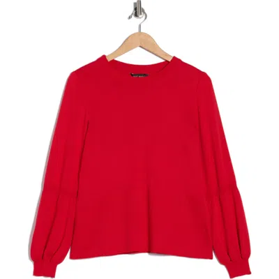 Ming Wang Check Bishop Sleeve Knit Top In Red