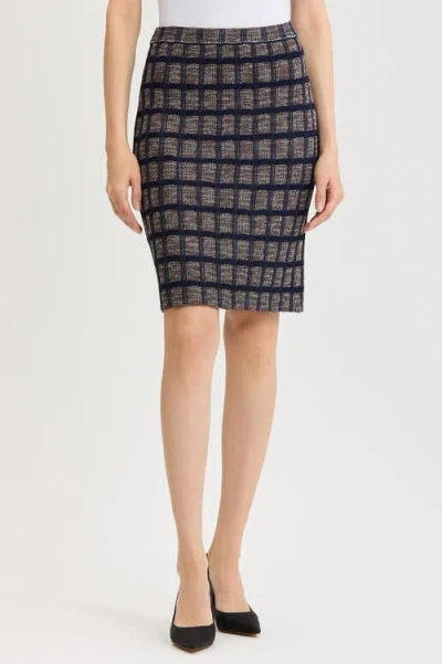 Ming Wang Checkered Knit Straight Skirt In Indigo/warm Taupe/almond