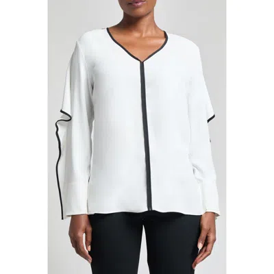 Ming Wang Contrast Trim Crêpe De Chine Top In White/black
