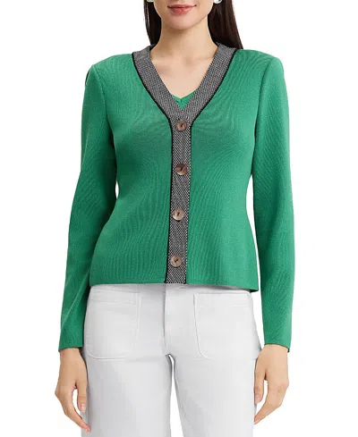 Ming Wang Family Savvy Contrast Trim Soft Knit Cardigan In Green