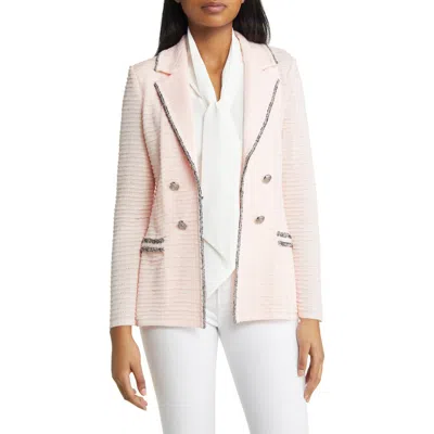Ming Wang Contrast Trim Textured Knit Blazer In Pink Satin/black/white