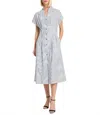 Ming Wang Cotton Pinstripe Stand Collar Short Sleeve Midi Dress In Black And White In Gray