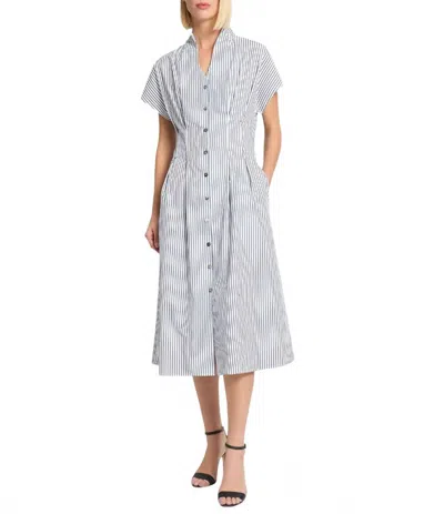 Ming Wang Cotton Pinstripe Stand Collar Short Sleeve Midi Dress In Black And White In Gray