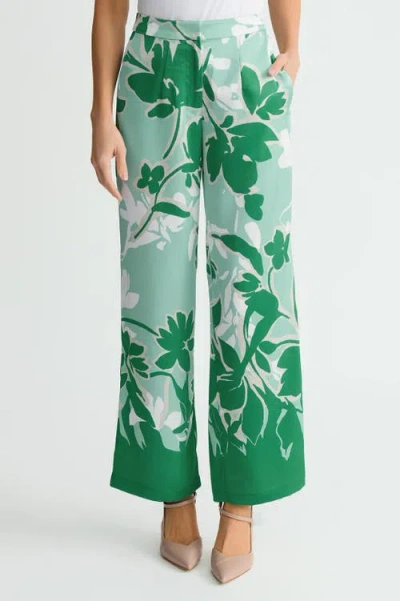 Ming Wang Crepe De Chine Floral Printed Wide Leg Pants In Kelly Green/euca/lime
