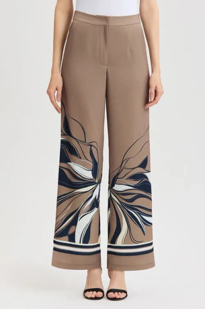 Ming Wang Crepe De Chine Wide-leg Floral Abstract Pants In Neutral