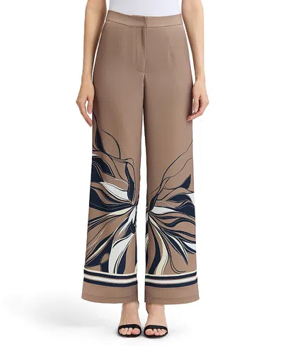 Ming Wang Crepe De Chine Wide-leg Floral Abstract Pants In Neutral