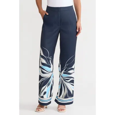 Ming Wang Crepe De Chine Wide-leg Floral Abstract Pants In Blue