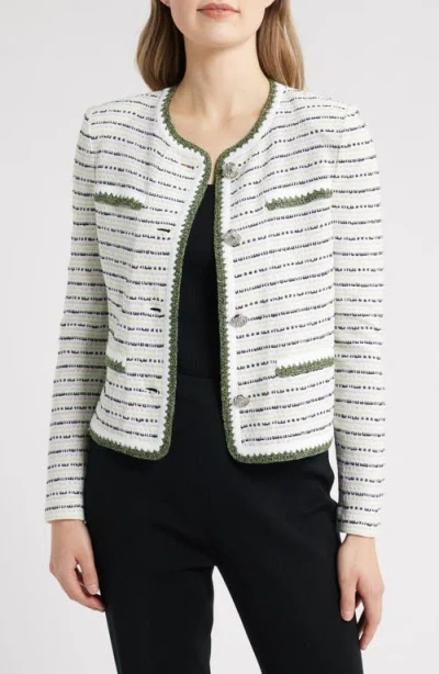 Ming Wang Dashed Stripe Knit Jacket In White/fern/limestone